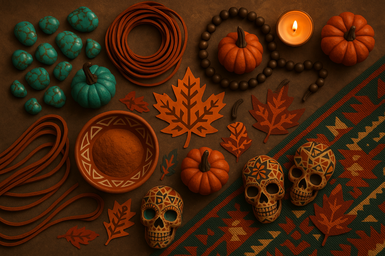 Halloween-themed southwestern crafting scene for Turquoise River Creations